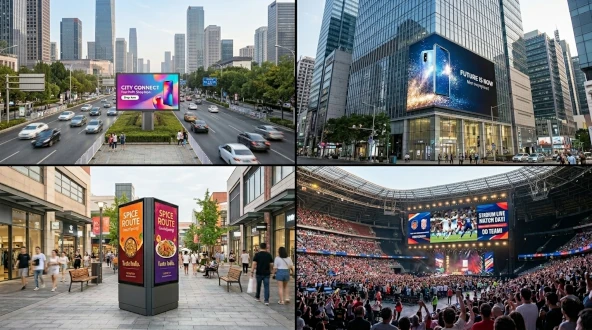 Painel de LED urbano exibindo mídia DOOH